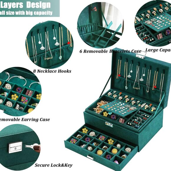 Jewelry Boxes for Women Green Velvet Jewelry Organizer with Lock,Teen Jewelry Or - Picture 4 of 9